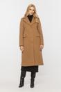 Wełniany ciemnobeżowy płaszcz z patkami i zapięciem na guziki