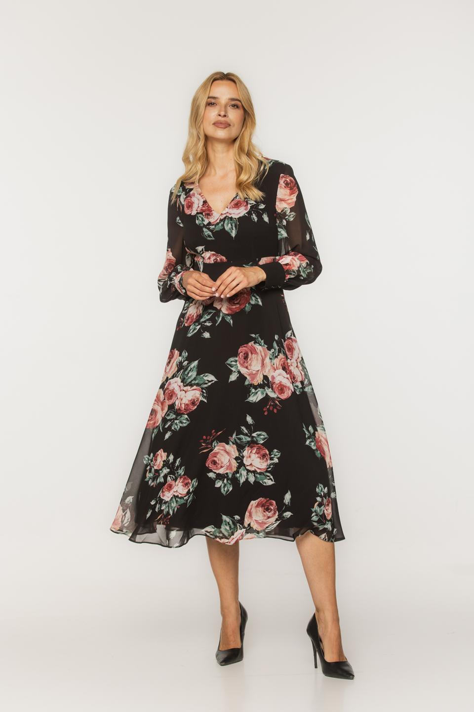 Elegancka szyfonowa sukienka z motywem róż