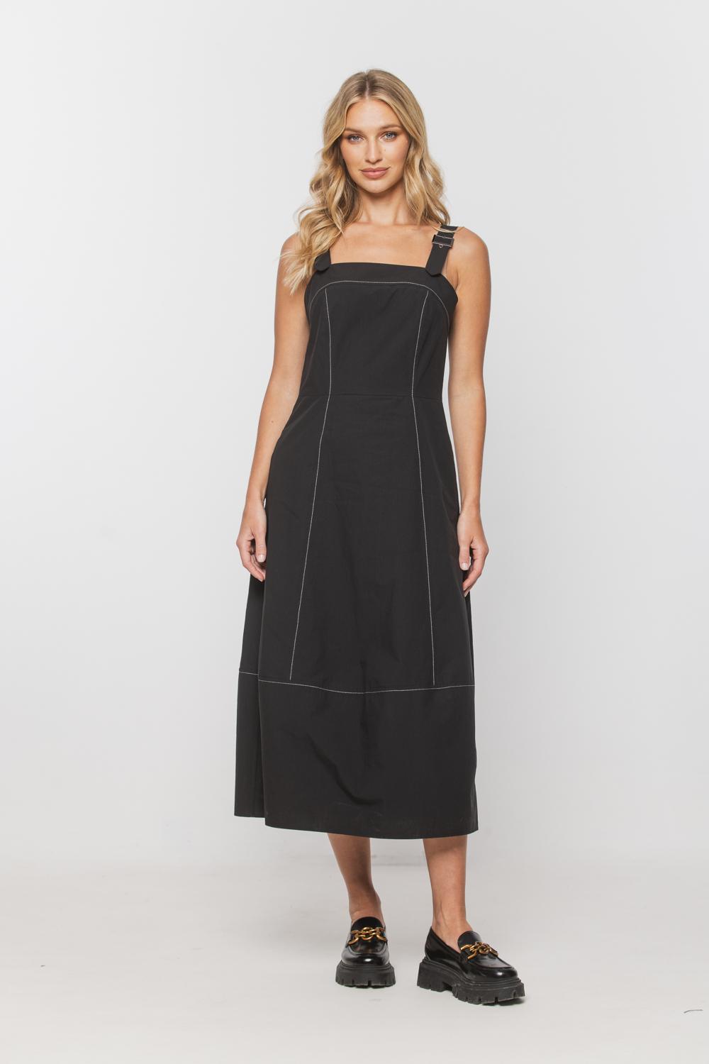 Cotton black dress with white stitching | Bialcon.pl